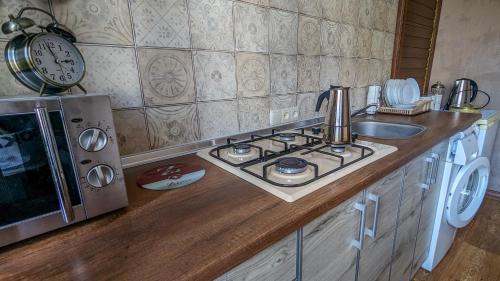 cocina con fogones, fregadero y microondas en Двухкомнатная Квартира на Пятницкой, en Cherníhiv