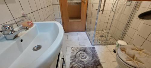 een badkamer met een wastafel en een douche bij Beim Schlafwandler in Karlsbad