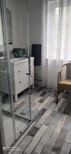 une salle de bain avec une douche en verre dans une chambre dans l'établissement logement indépendant attenant à une maison dans grand jardin, à Retournac
