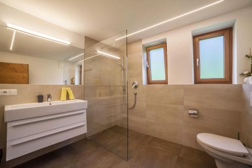 bagno con doccia, lavandino e servizi igienici di Fichtenhof Wohnung Edelweiss a Tarces