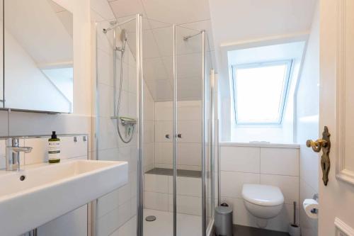 a bathroom with a shower and a sink and a toilet at Käpt'n Nelson, App 16 in Wenningstedt