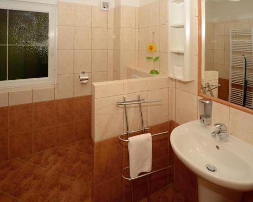 a bathroom with a sink and a mirror at Apartmany Broma in Liptovský Mikuláš
