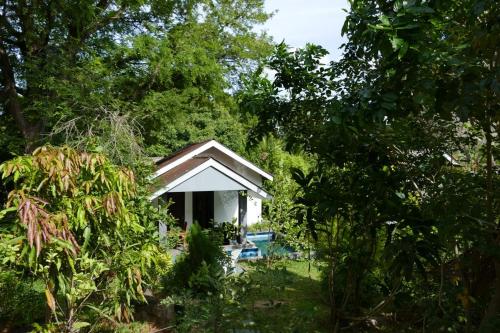 a small white house in the middle of trees at Hidden Lake Cottages Sigiriya in Sigiriya