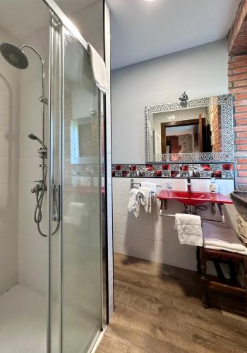 a bathroom with a shower and a sink and a mirror at Apartamentos Rurales Sobremazas in Sobremazas