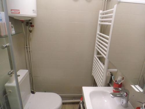 La salle de bains est pourvue de toilettes blanches et d'un lavabo. dans l'établissement Appart T2 cabine grande terrasse classé 2 *, aux Angles