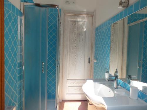 モンテ・ナイにあるVilla Isabelの青いバスルーム(シンク、シャワー付)