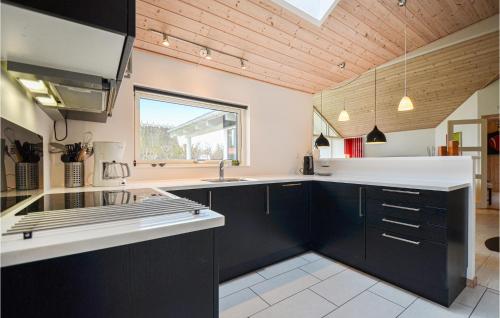 FjellerupにあるNice Home In Glesborg With 4 Bedrooms, Sauna And Wifiの大きなキッチン(黒いキャビネット付)、窓