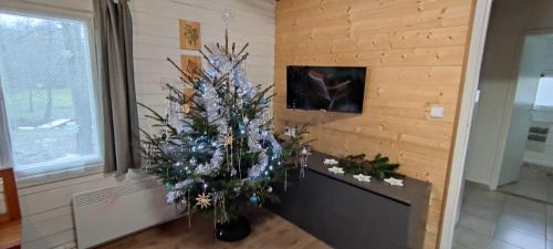 uma árvore de Natal no canto de uma sala em Chatky u potoka - chatička č.2 em Olešnice v Orlických horách