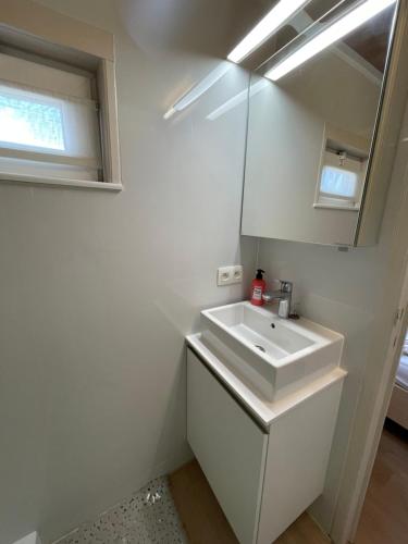 een badkamer met een witte wastafel en een spiegel bij Chalet n°32 in Middelkerke