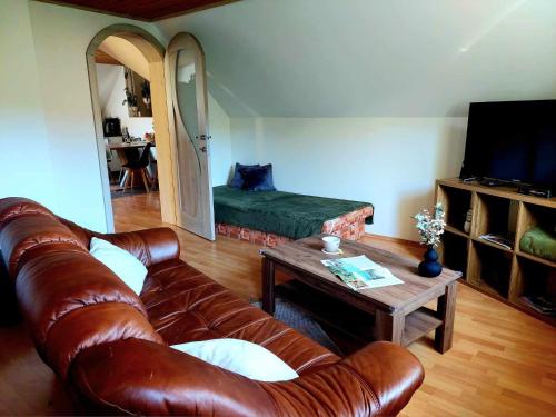 sala de estar con sofá de cuero y mesa en Zelený apartmán Králiky, en Králiky