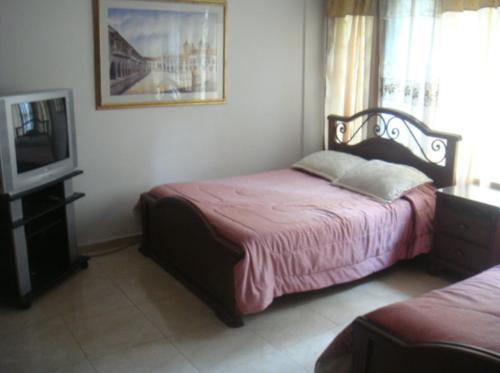 麥德林的住宿－Medellín Kimball's Appartments!，一间卧室配有一张床,并在一间客房内配有电视。