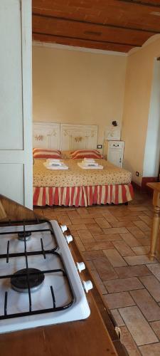 a kitchen with two beds and a stove in a room at Agriturismo Villa Le Vigne in Montevarchi