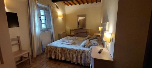 a bedroom with a bed and a dresser and a mirror at Agriturismo Villa Le Vigne in Montevarchi