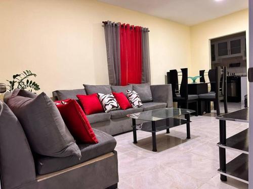 a living room with a gray couch with red pillows at house on the hill in Nagua