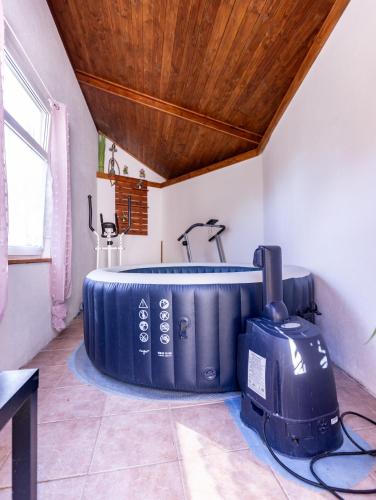 a bath tub in a room with a wooden ceiling at Chata Bart in Krásný Les