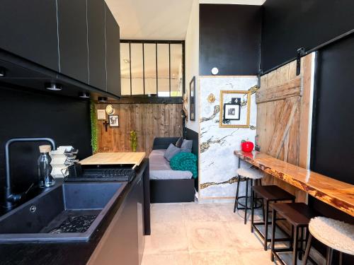 a kitchen with a sink and a couch in a room at Flambantvieux in Saint-Jean-de-Touslas