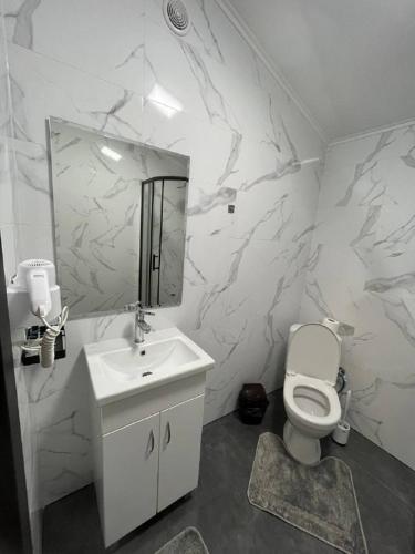 ein weißes Bad mit einem WC und einem Waschbecken in der Unterkunft Forsage Hotel in Uschhorod