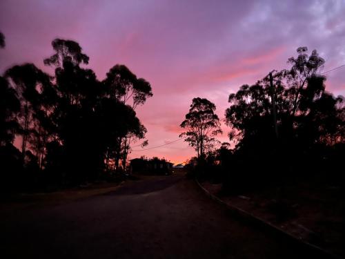 a sunset with trees on the side of a road at Country charm coastal living in Tura Beach