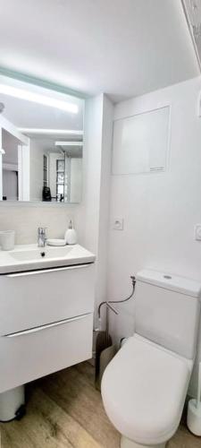 une salle de bain blanche avec des toilettes et un lavabo dans l'établissement Studio Rochereau Climatisé - Metro - Gare - Wifi, à Toulouse
