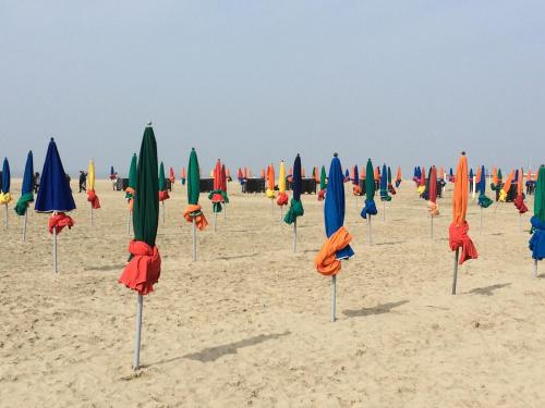 a bunch of umbrellas in the sand on a beach at Ravissante maison de pêcheurs Trouville proche centre et gare in Trouville-sur-Mer
