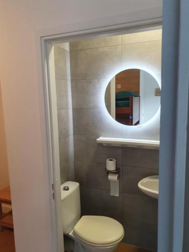 La salle de bains est pourvue de toilettes et d'un miroir rond. dans l'établissement Chalet Jaune PINEA, à Sarcenas