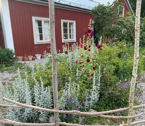 a garden with flowers in front of a red house at Spacious house near water and nature in Odensbacken