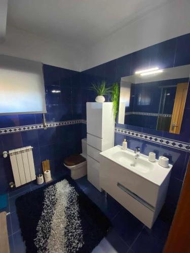 bagno blu con lavandino e servizi igienici di Casa da Leonor a Viseu
