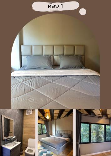 a collage of pictures of a bed in a room at สวนส่อผ่า&ฟาร์มสเตย์ in Mae Sai