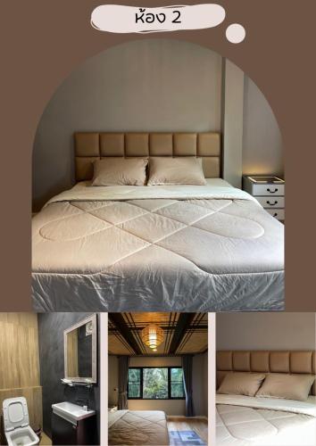 two pictures of a bed in a room at สวนส่อผ่า&ฟาร์มสเตย์ in Mae Sai
