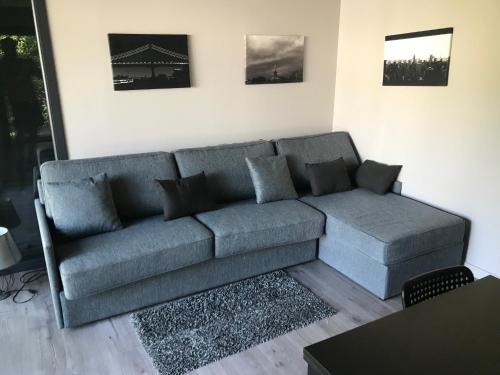 una sala de estar con un sofá gris en una habitación en Studio indépendant en Vence