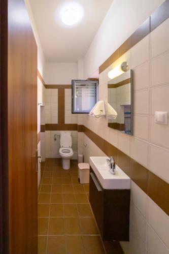 a bathroom with a toilet and a sink and a mirror at Trochalo Villas 2 in Stoupa