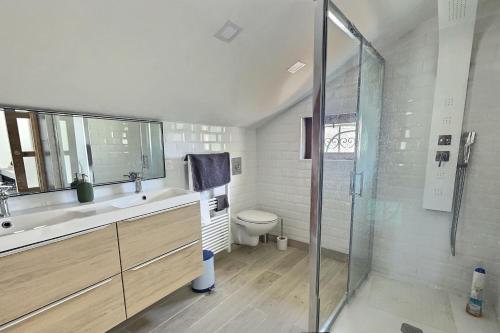 une salle de bain avec toilettes, lavabo et douche dans l'établissement Villa au calme avec piscine et sauna, à Cazouls-lès-Béziers