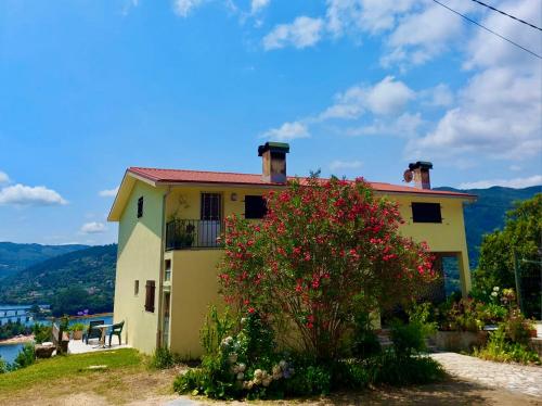 a yellow house with a flowering tree in front of it at Mélita Guesthouse in Braga