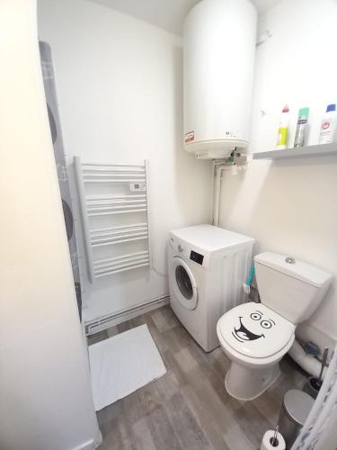 La salle de bains est pourvue de toilettes et d'un lave-linge. dans l'établissement Studio Simplicien *Cosy* plein centre ville de Poitiers *TV* Wifi *Café*, à Poitiers