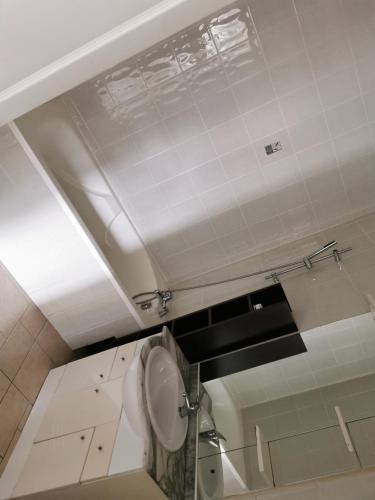 La salle de bains est pourvue de toilettes et d'un plafond. dans l'établissement bella appartement cathédrale, à Nevers