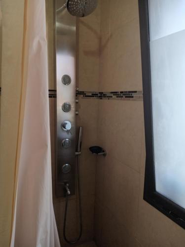 ein Bad mit Dusche und Duschvorhang in der Unterkunft LA ESQUINA DE LA FLOR in Campo Quijano
