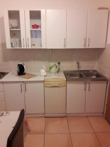 een keuken met witte kasten en een wastafel bij Apartman Lovcen in Budva