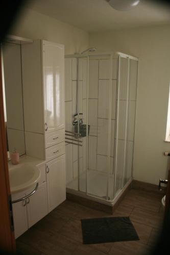 a bathroom with a shower and a sink at Ferienwohnung Annett in Böhlen