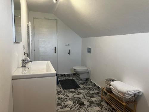 ein weißes Bad mit einem Waschbecken und einem WC in der Unterkunft North Transylvania room 2 