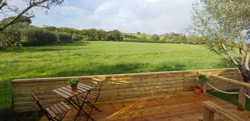 a wooden deck with a table and chairs and a field at Y Nyth - The nest in Bridgend