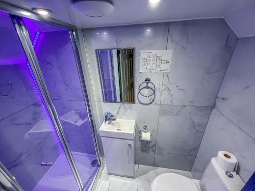 een badkamer met een douche, een wastafel en een toilet bij Twenty Hotel and Bar in Boston