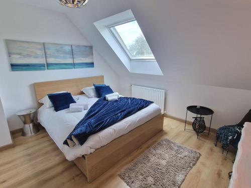 um quarto com uma cama com almofadas azuis e uma janela em Les Glazons *T4* Olivet + Parking em Olivet