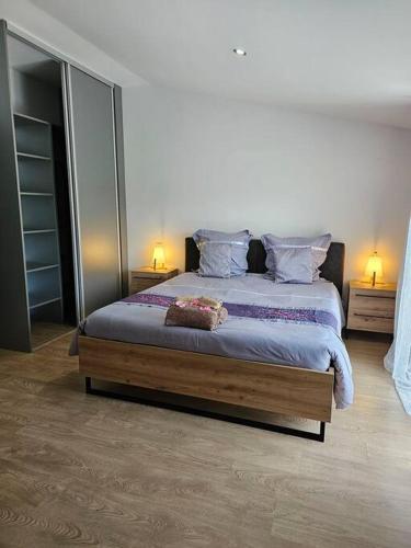 ein Schlafzimmer mit einem großen Bett mit zwei Lampen in der Unterkunft Ô Paradis caché à Saint-Joseph in Saint-Joseph