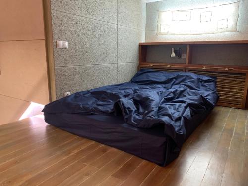 Bett mit blauer Decke in einem Zimmer in der Unterkunft Студія з внутрішнім півповерхом. in Mykolajiw