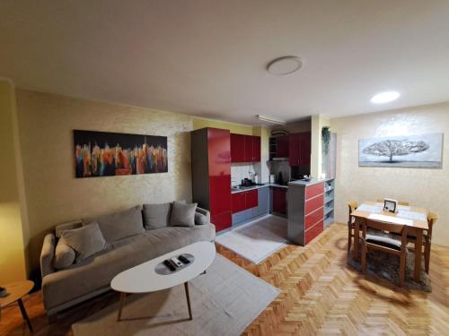 salon z kanapą i stołem w obiekcie Sweet heart apartment Manja w Nowym Sadzie