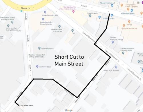 a map of a main street with a short cut to main street at Cozy 2br home w/ parking in downtown Annapolis in Annapolis