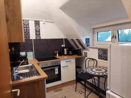 a small kitchen with a sink and a refrigerator at Ferienappartement im Waldhaus Göhrde in Nahrendorf