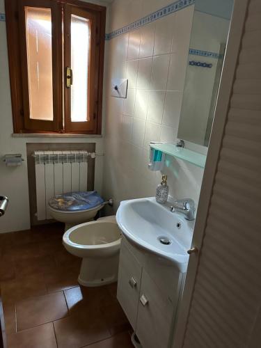 Il glicine Marina Romea في مارينا روميا: حمام مع حوض أبيض ومرحاض