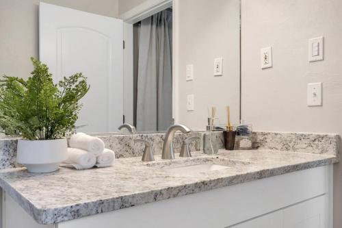 a bathroom counter with a sink and a mirror at Cozy - Organic Modern - Bungalow - FSU in Tallahassee