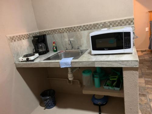 a microwave sitting on a counter next to a sink at Bungalows Victoria in La Manzanilla